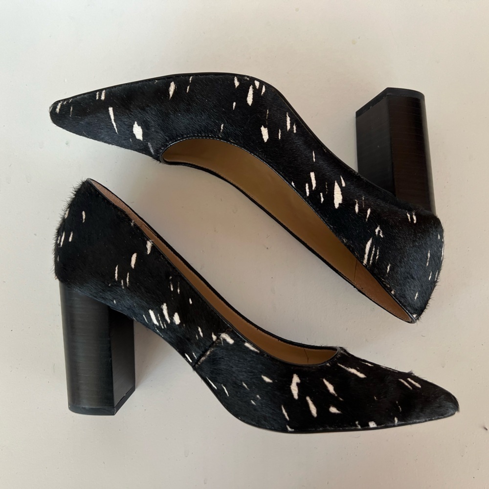 Franco Sarto Leather Cow Hair Black and White 3.35” Palma Pointy Toe Pump, 8M - Picture 5 of 10